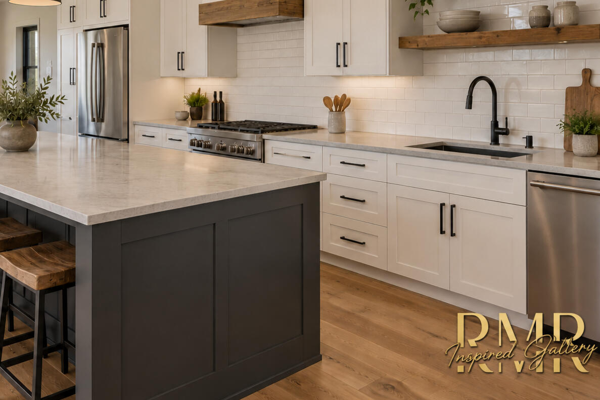 Luxury kitchen design by Rocky Mountain Remodeling and Design featuring white cabinetry, a dark island, wood accents, and mountain views.